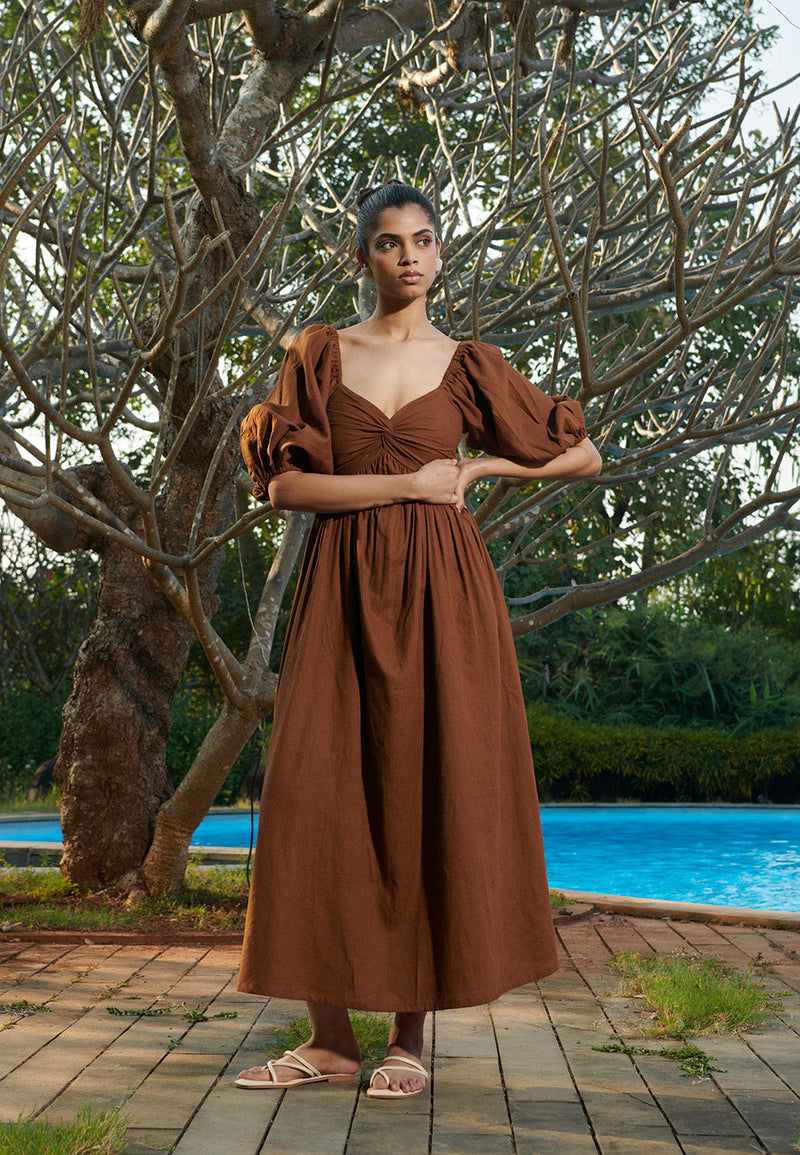 Mocha Co-Linen Front Twist Dress linen by Saphed in brown color for women Worldwide