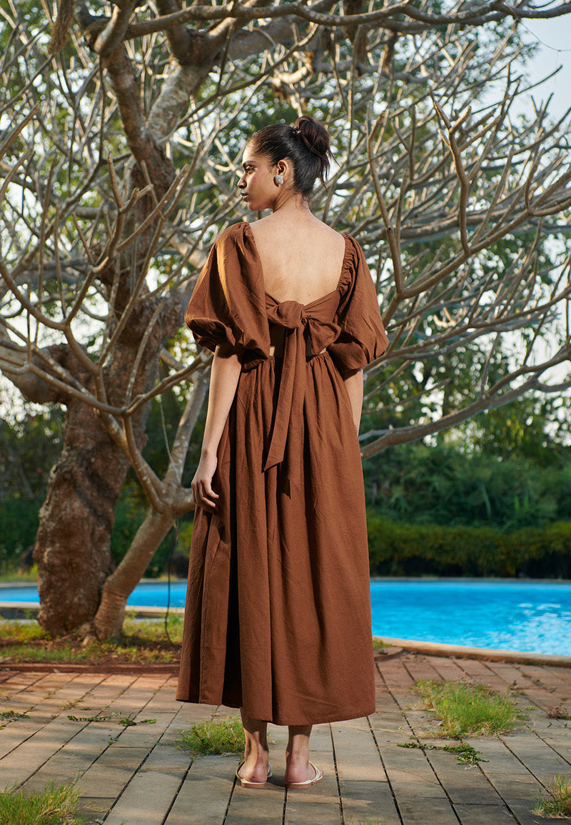 Mocha Co-Linen Front Twist Dress linen by Saphed in brown color for women Worldwide