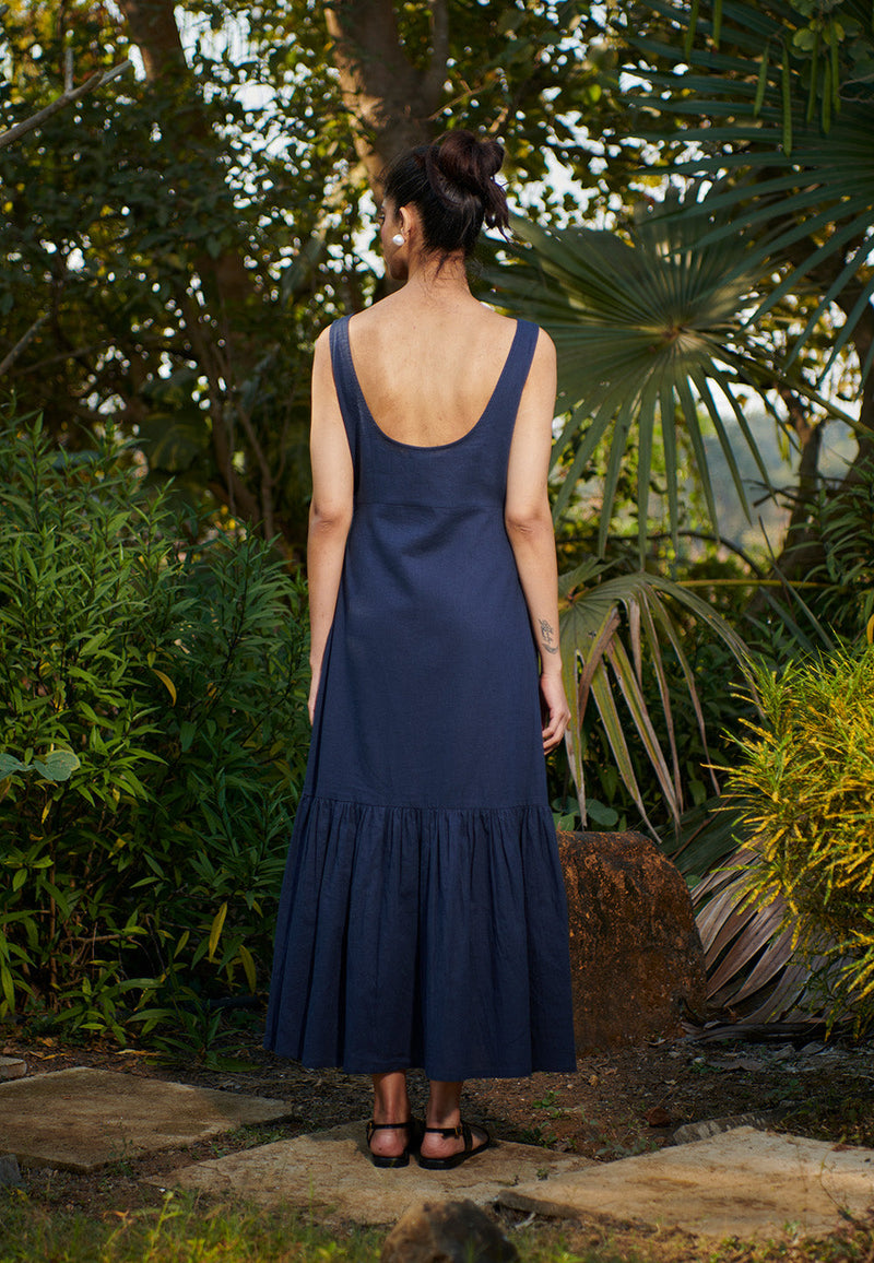 Navy Co-Linen Sleeveless Tiered Dress linen by Saphed in navy color for women Worldwide