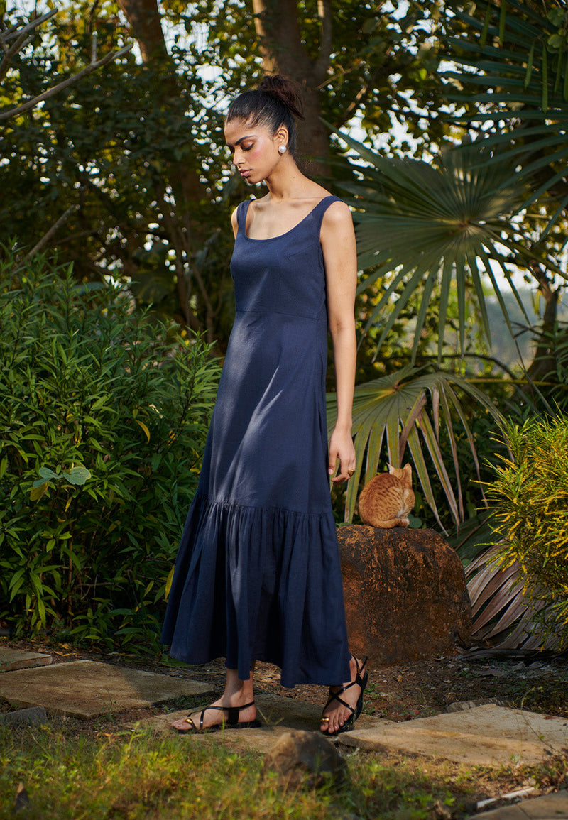 Navy Co-Linen Sleeveless Tiered Dress linen by Saphed in navy color for women Worldwide