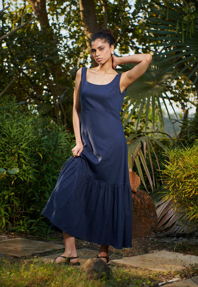 Navy Co-Linen Sleeveless Tiered Dress linen by Saphed in navy color for women Worldwide
