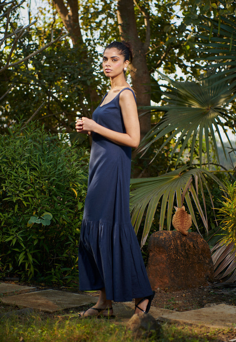 Navy Co-Linen Sleeveless Tiered Dress linen by Saphed in navy color for women Worldwide