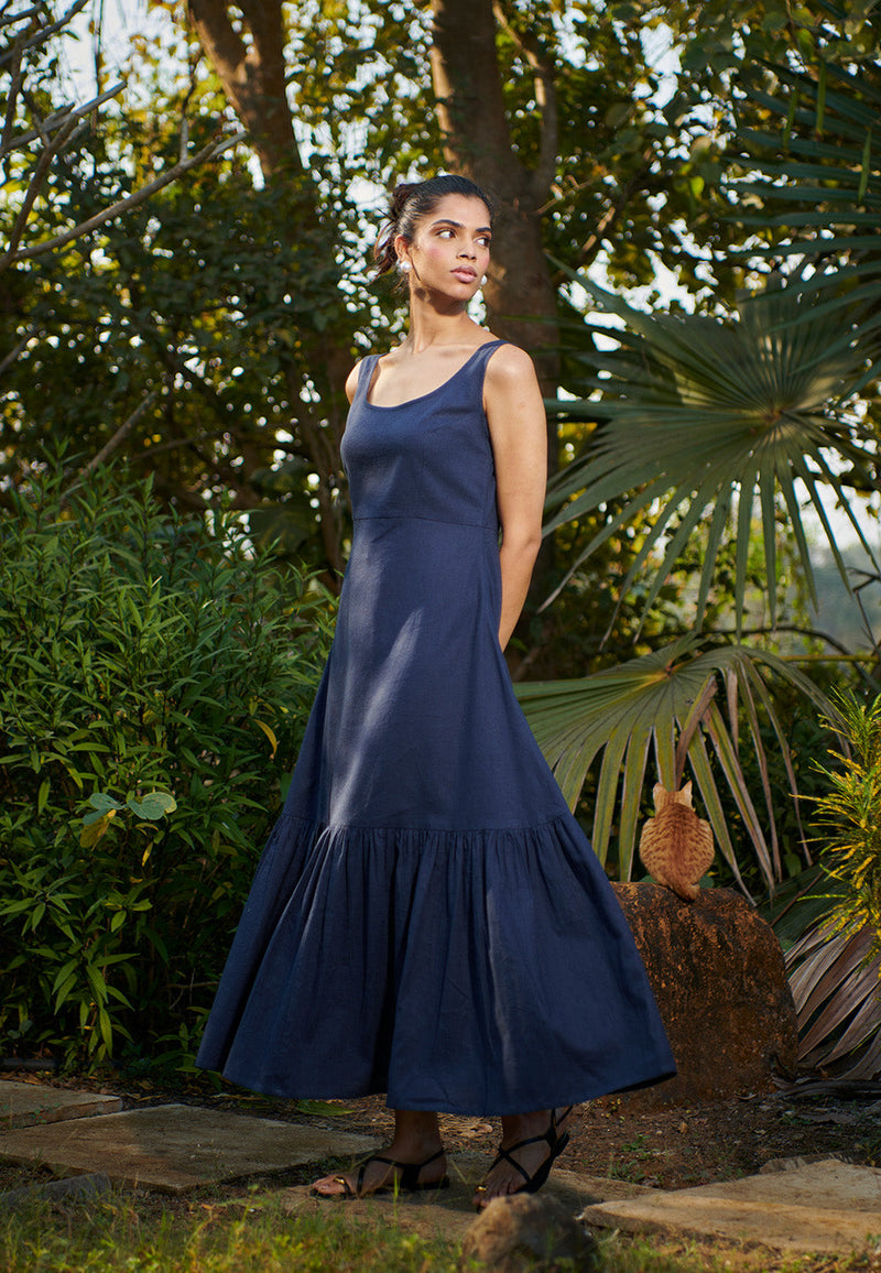 Navy Co-Linen Sleeveless Tiered Dress linen by Saphed in navy color for women Worldwide