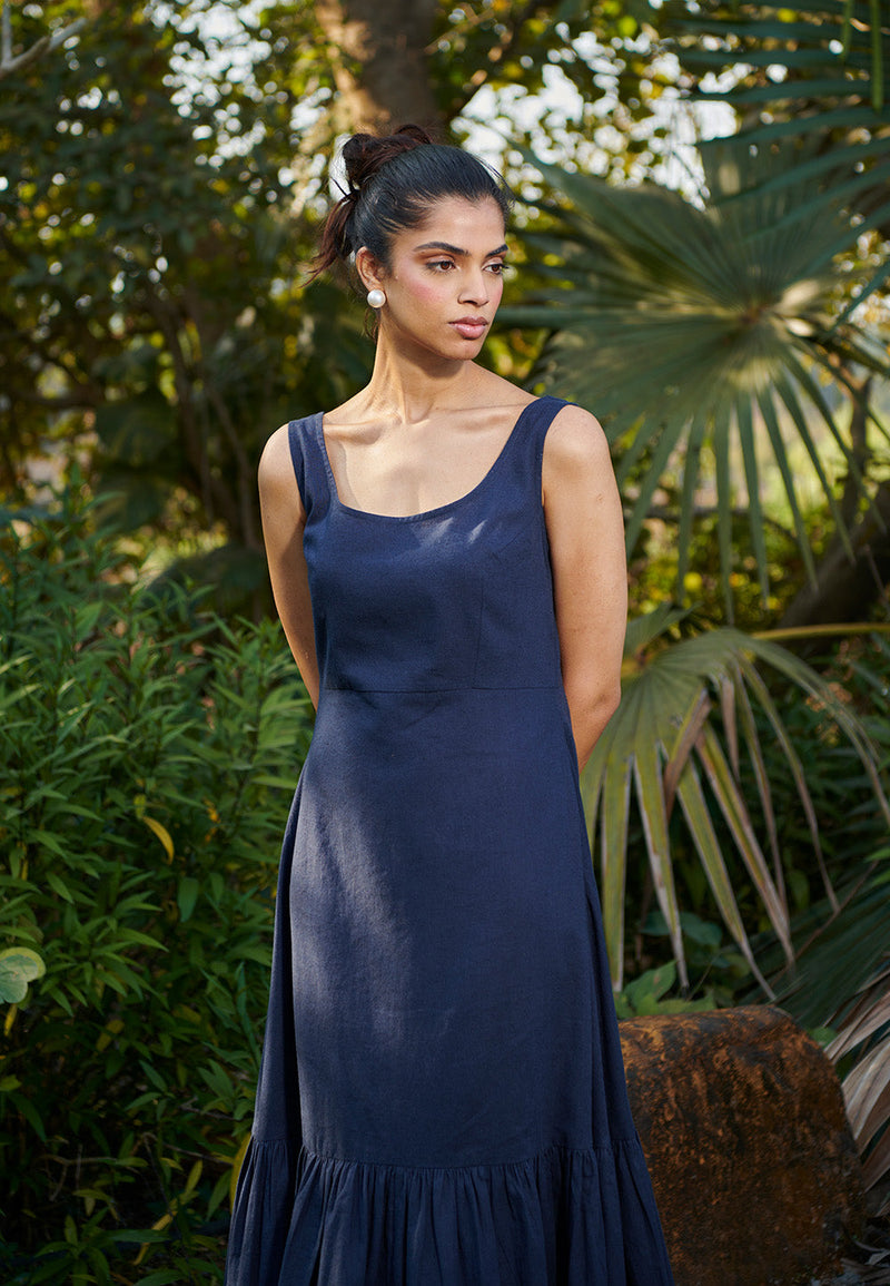 Navy Co-Linen Sleeveless Tiered Dress linen by Saphed in navy color for women Worldwide