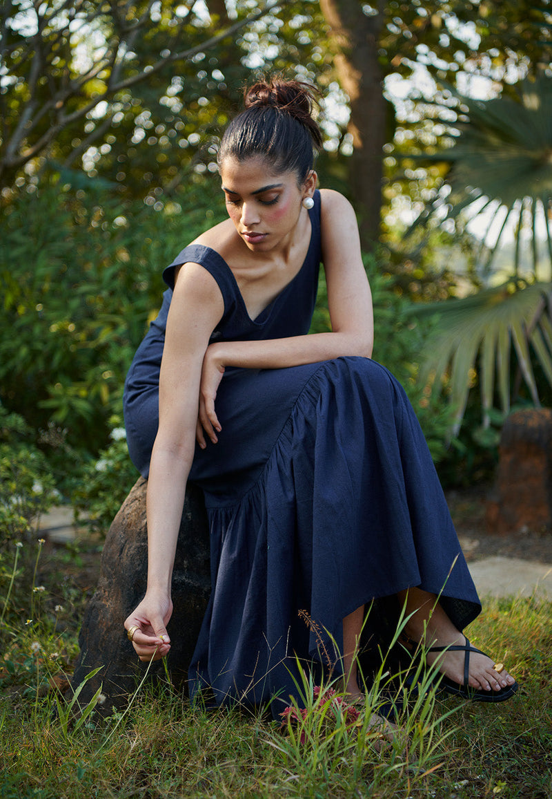 Navy Co-Linen Sleeveless Tiered Dress linen by Saphed in navy color for women Worldwide