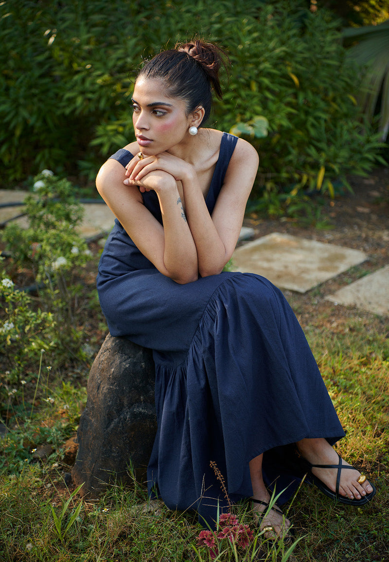 Navy Co-Linen Sleeveless Tiered Dress linen by Saphed in navy color for women Worldwide