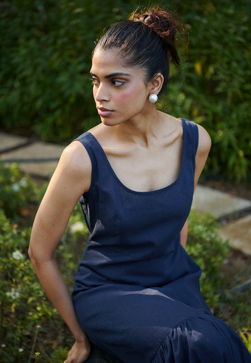 Navy Co-Linen Sleeveless Tiered Dress linen by Saphed in navy color for women Worldwide