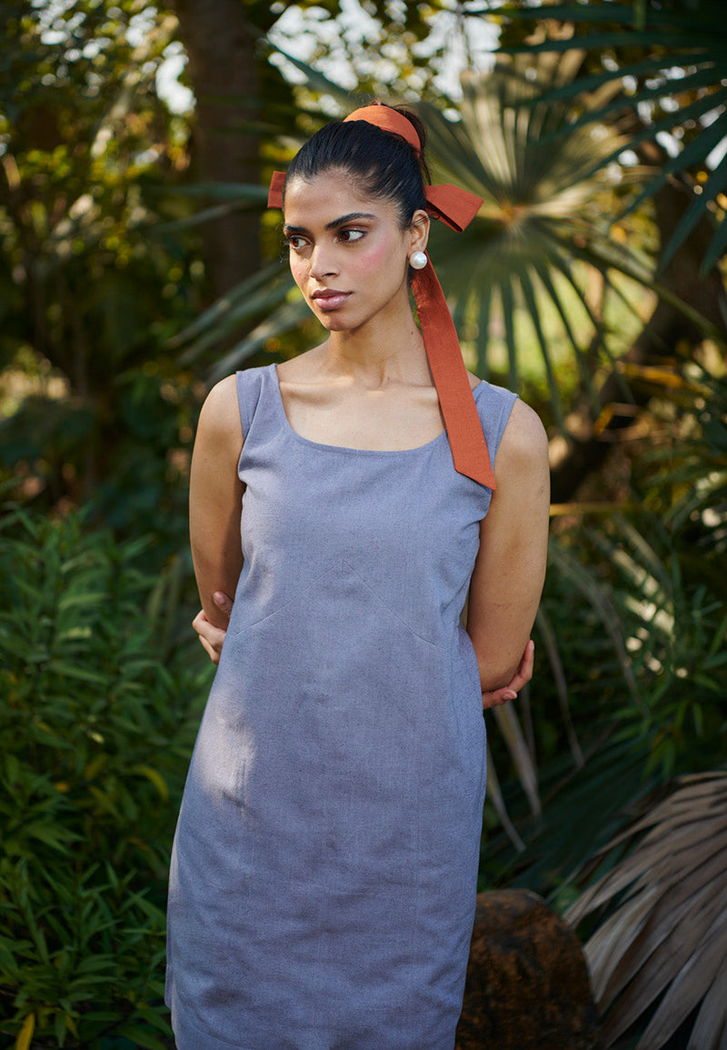 Dusk Co-Linen Shift Dress linen by Saphed in grey color for women Worldwide