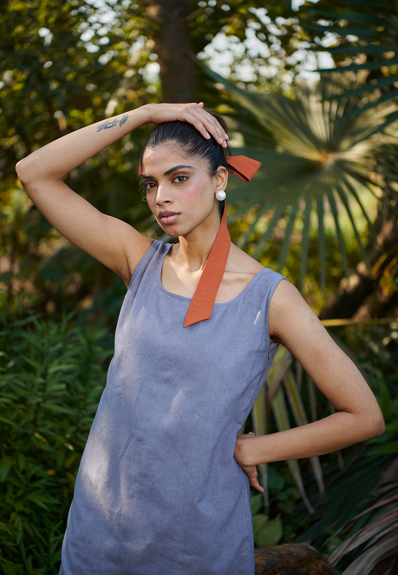 Dusk Co-Linen Shift Dress linen by Saphed in grey color for women Worldwide