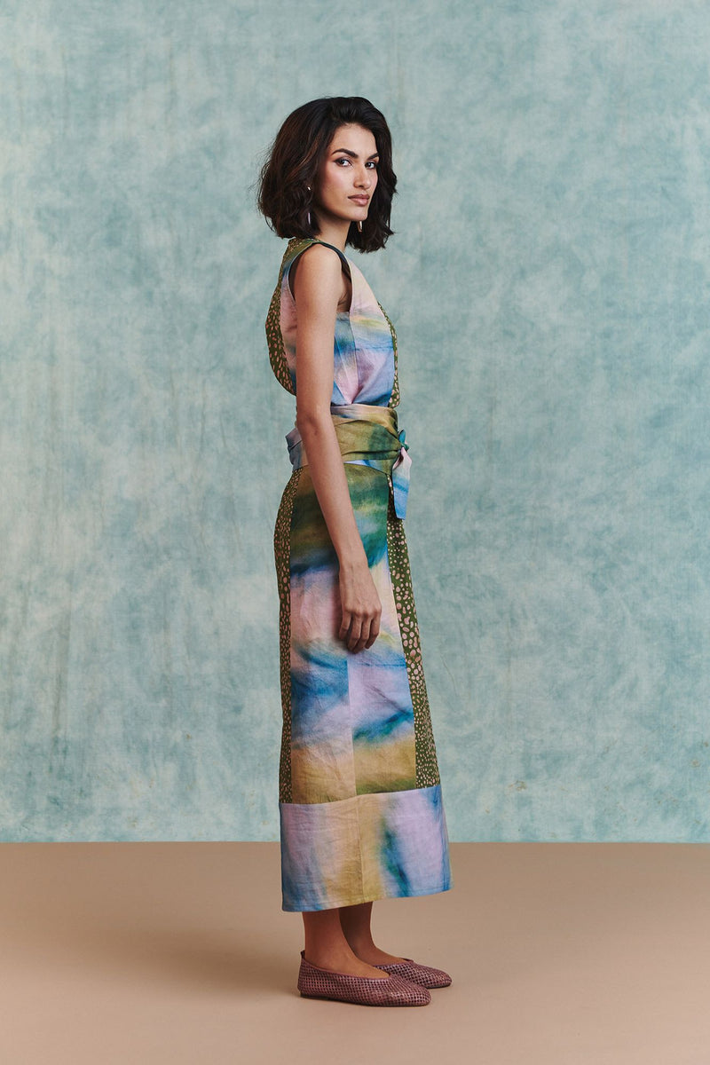 Prism Blot Co Linen Tie Dress cotton linen dress by Saphed in green for women Worldwide