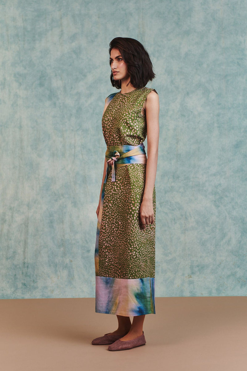 Prism Blot Co Linen Tie Dress cotton linen dress by Saphed in green for women Worldwide