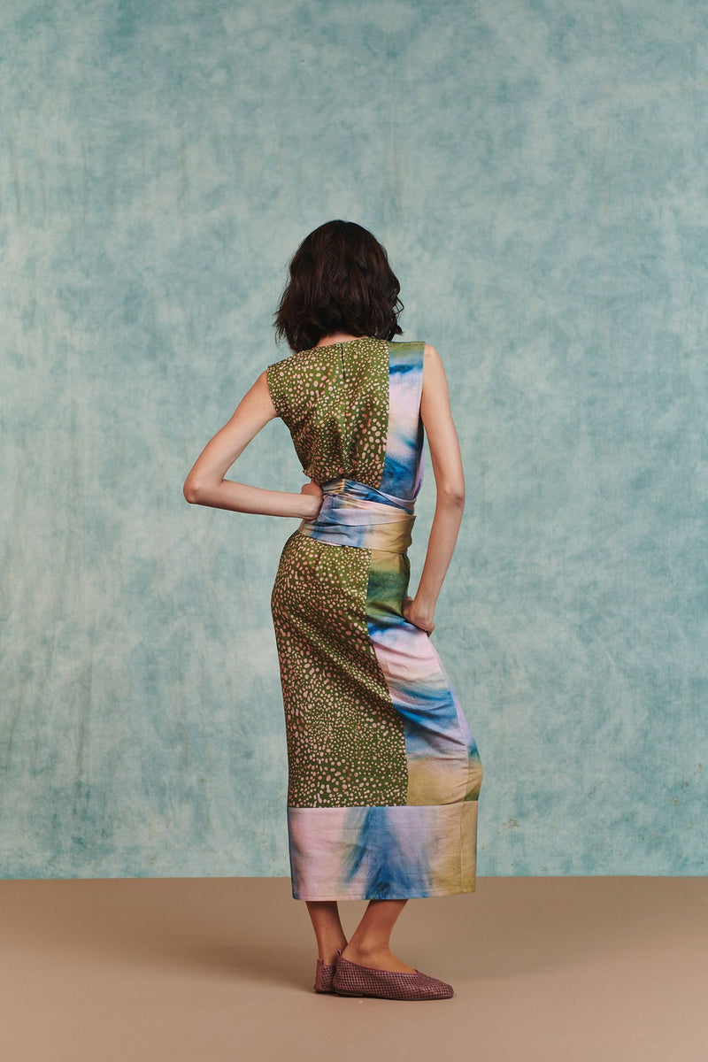 Prism Blot Co Linen Tie Dress cotton linen dress by Saphed in green for women Worldwide
