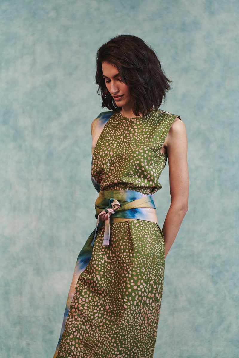 Prism Blot Co Linen Tie Dress cotton linen dress by Saphed in green for women Worldwide