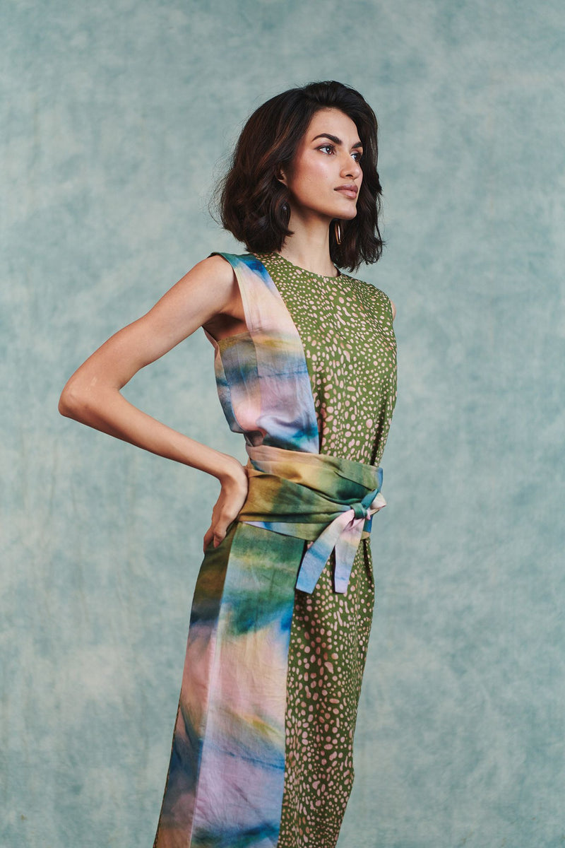 Prism Blot Co Linen Tie Dress cotton linen dress by Saphed in green for women Worldwide