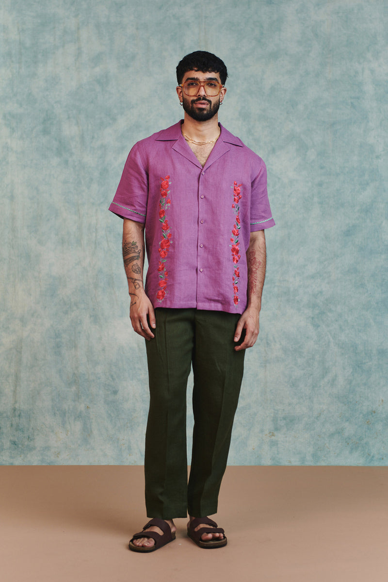 Berry Linen Embroidered Men's Camp Collar Shirt linen shirt by Saphed Men in lilac for men Worldwide