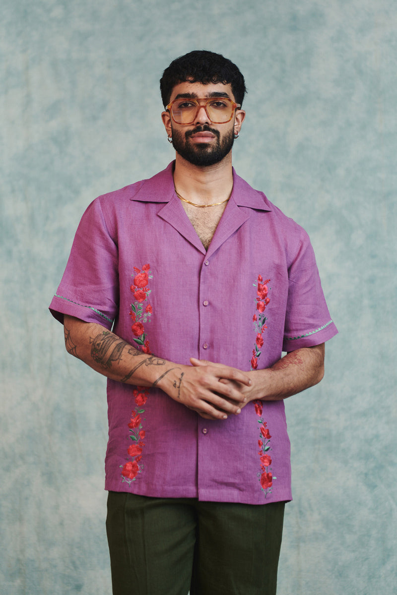 Berry Linen Embroidered Men's Camp Collar Shirt linen shirt by Saphed Men in lilac for men Worldwide