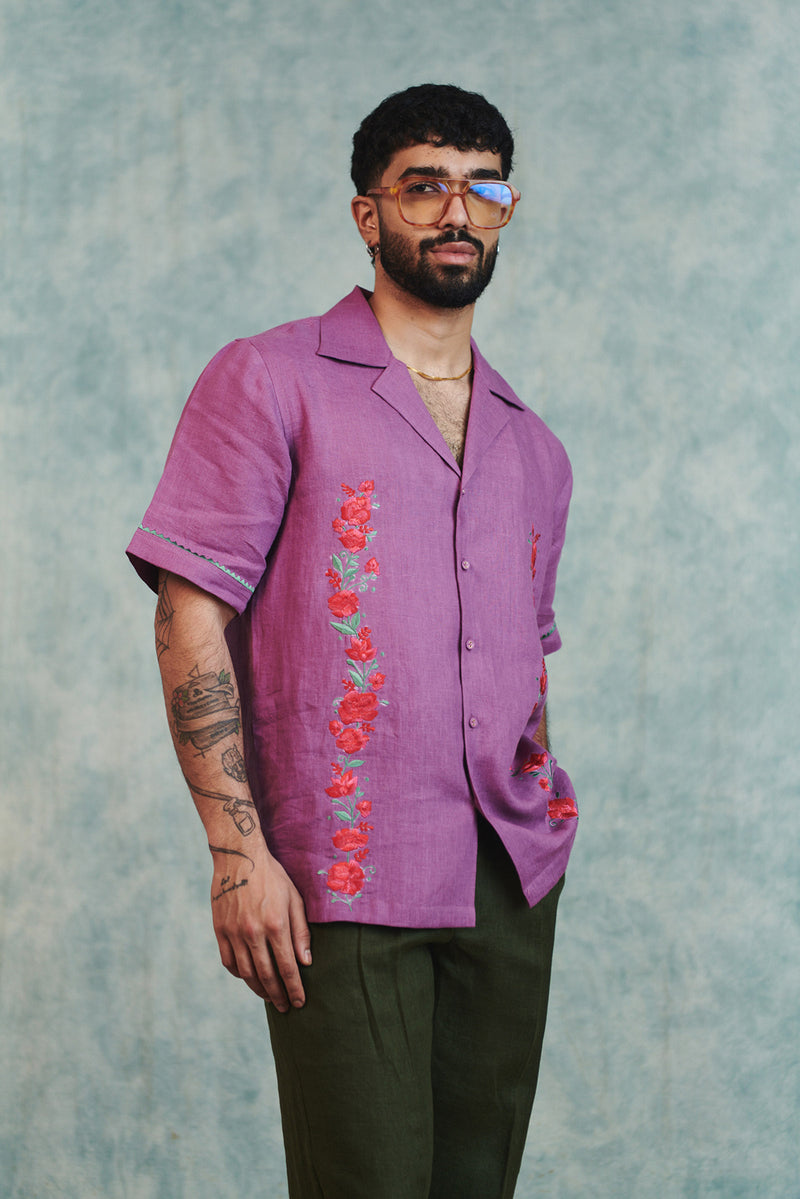 Berry Linen Embroidered Men's Camp Collar Shirt linen shirt by Saphed Men in lilac for men Worldwide