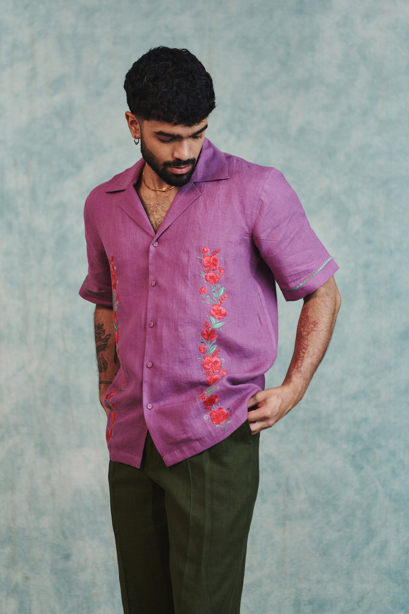 Berry Linen Embroidered Men's Camp Collar Shirt linen shirt by Saphed Men in lilac for men Worldwide
