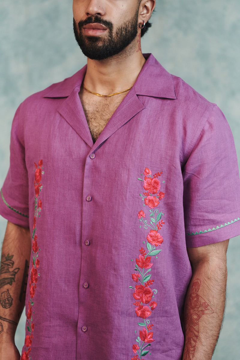 Berry Linen Embroidered Men's Camp Collar Shirt linen shirt by Saphed Men in lilac for men Worldwide
