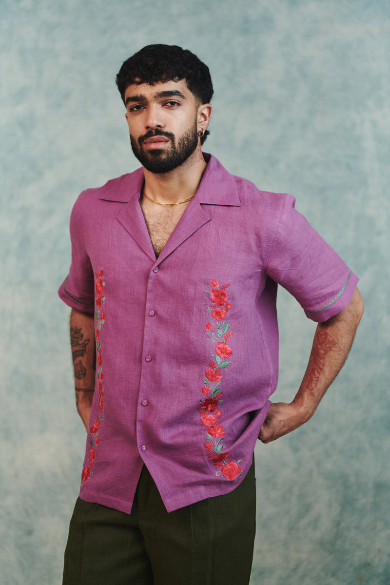 Berry Linen Embroidered Men's Camp Collar Shirt linen shirt by Saphed Men in lilac for men Worldwide