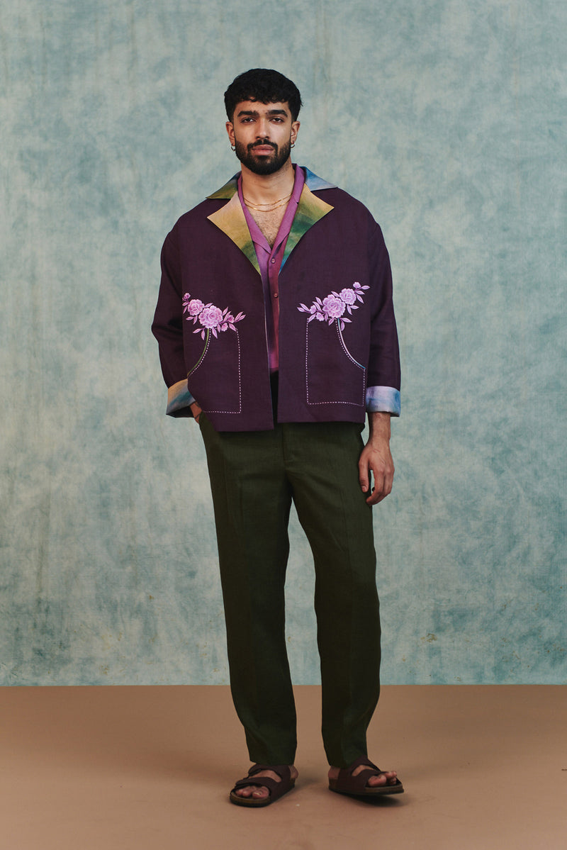 Plum Linen Unisex Embroidered Open Jacket linen jacket by Saphed Men in plum for men Worldwide
