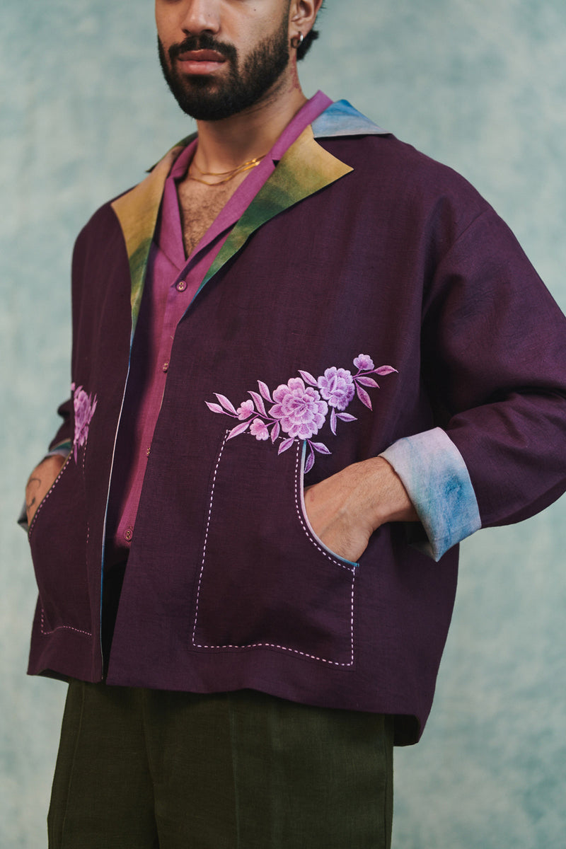Plum Linen Unisex Embroidered Open Jacket linen jacket by Saphed Men in plum for men Worldwide