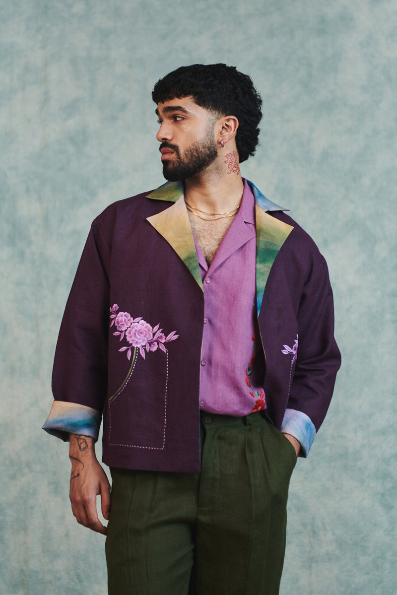 Plum Linen Unisex Embroidered Open Jacket linen jacket by Saphed Men in plum for men Worldwide