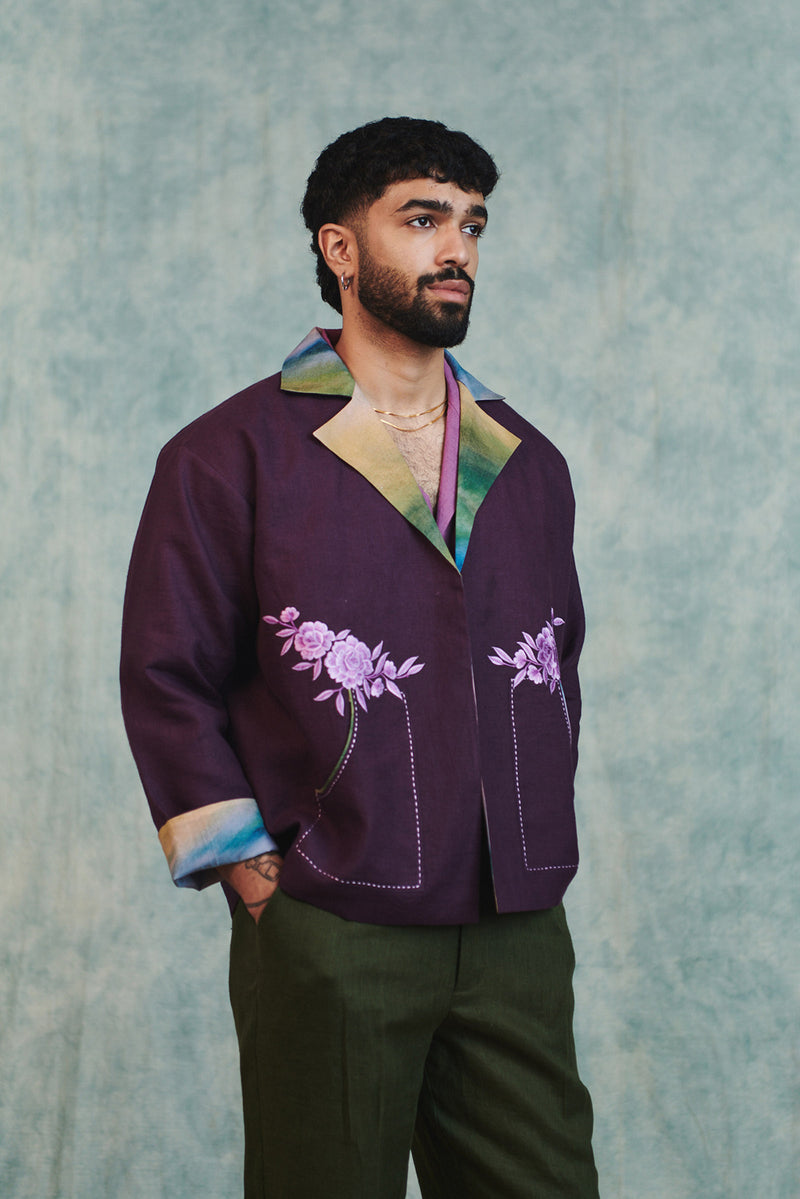 Plum Linen Unisex Embroidered Open Jacket linen jacket by Saphed Men in plum for men Worldwide