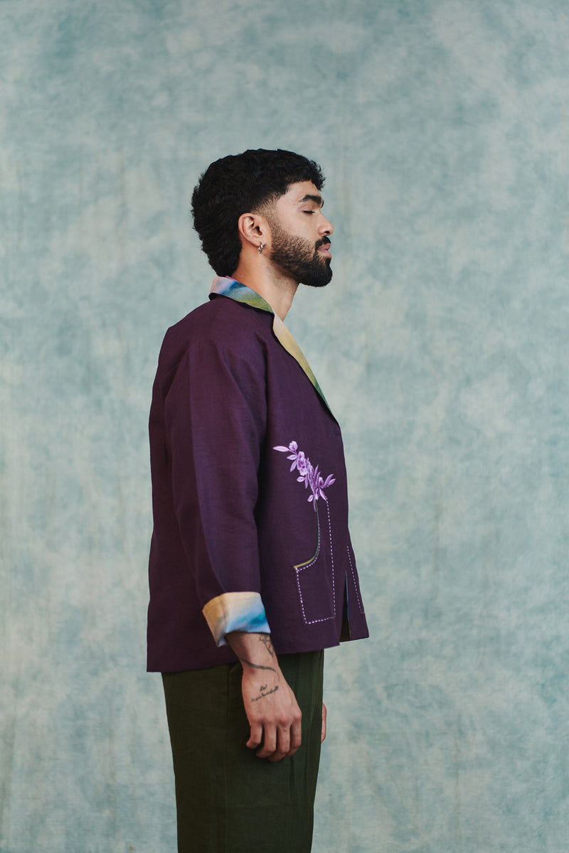 Plum Linen Unisex Embroidered Open Jacket linen jacket by Saphed Men in plum for men Worldwide