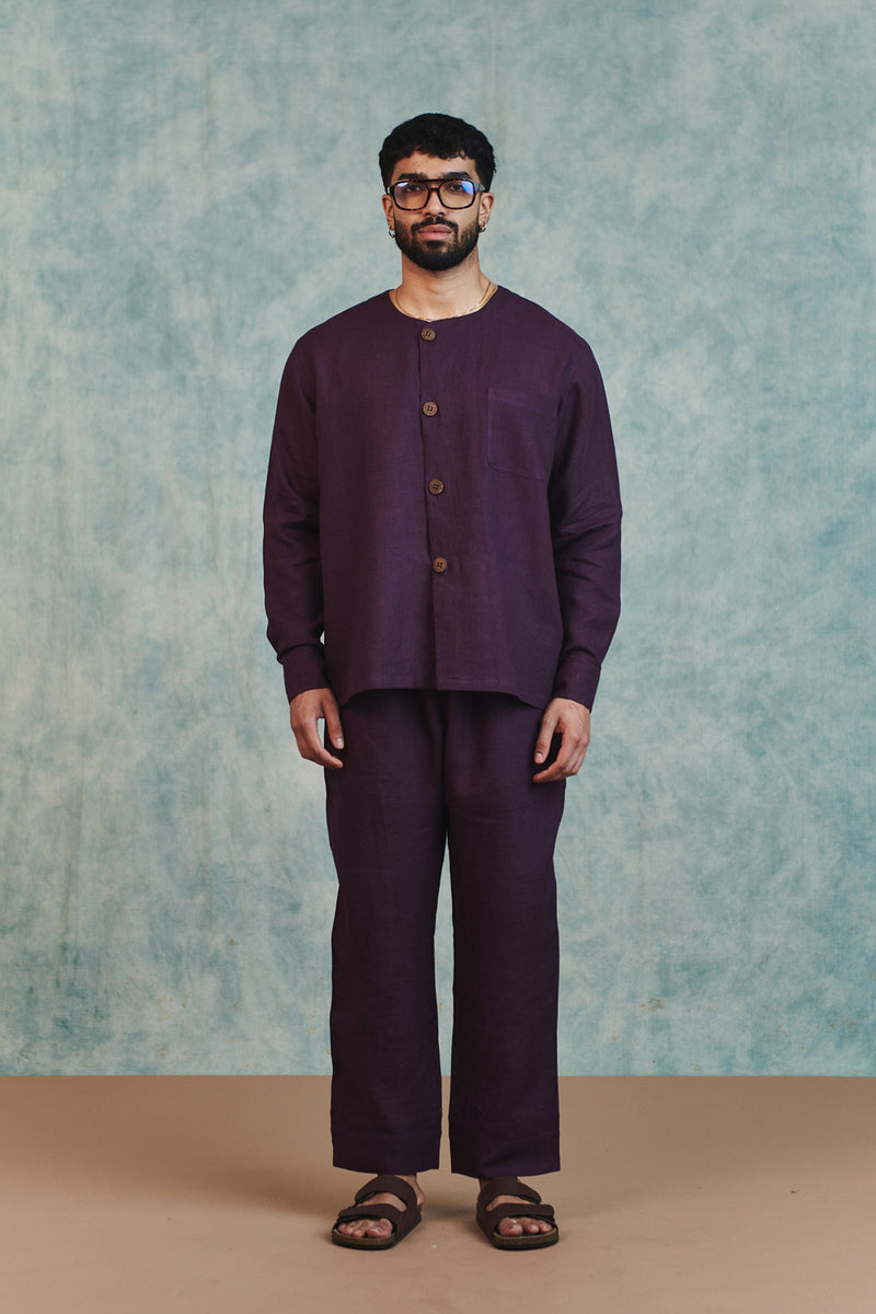 Plum Linen Men's Round Neck Shirt Set linen co-ord set by Saphed Men in plum for men Worldwide