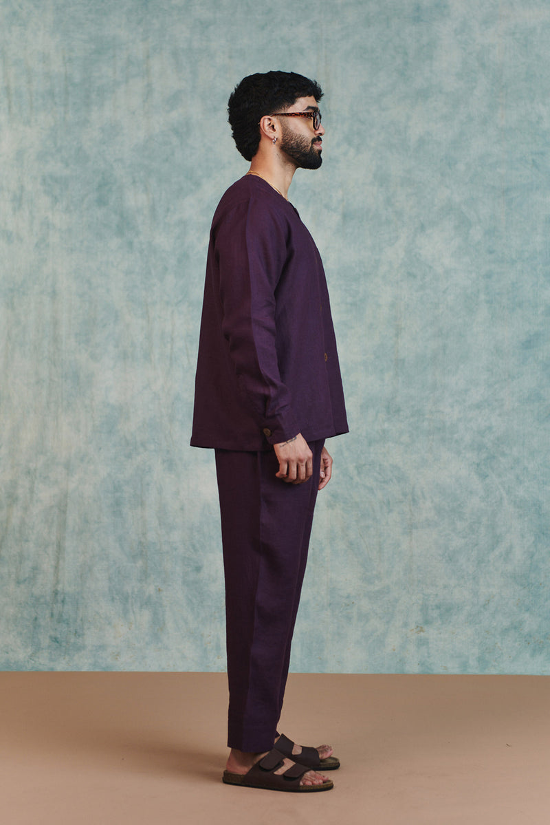 Plum Linen Men's Round Neck Shirt Set linen co-ord set by Saphed Men in plum for men Worldwide