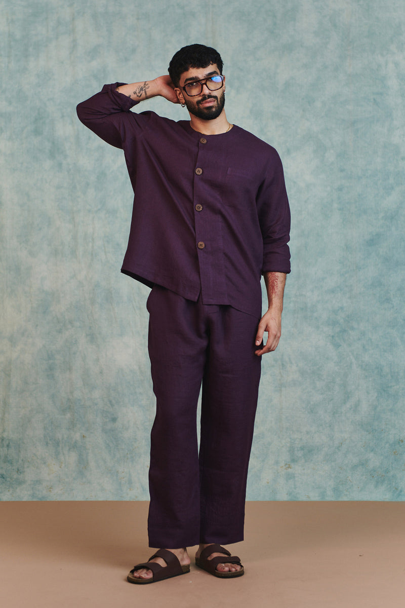 Plum Linen Men's Lounge Pants linen pant/trouser by Saphed Men in plum for men Worldwide