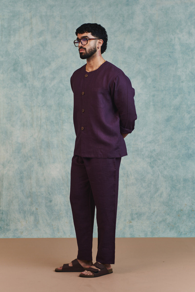 Plum Linen Men's Round Neck Shirt linen shirt by Saphed Men in plum for men Worldwide