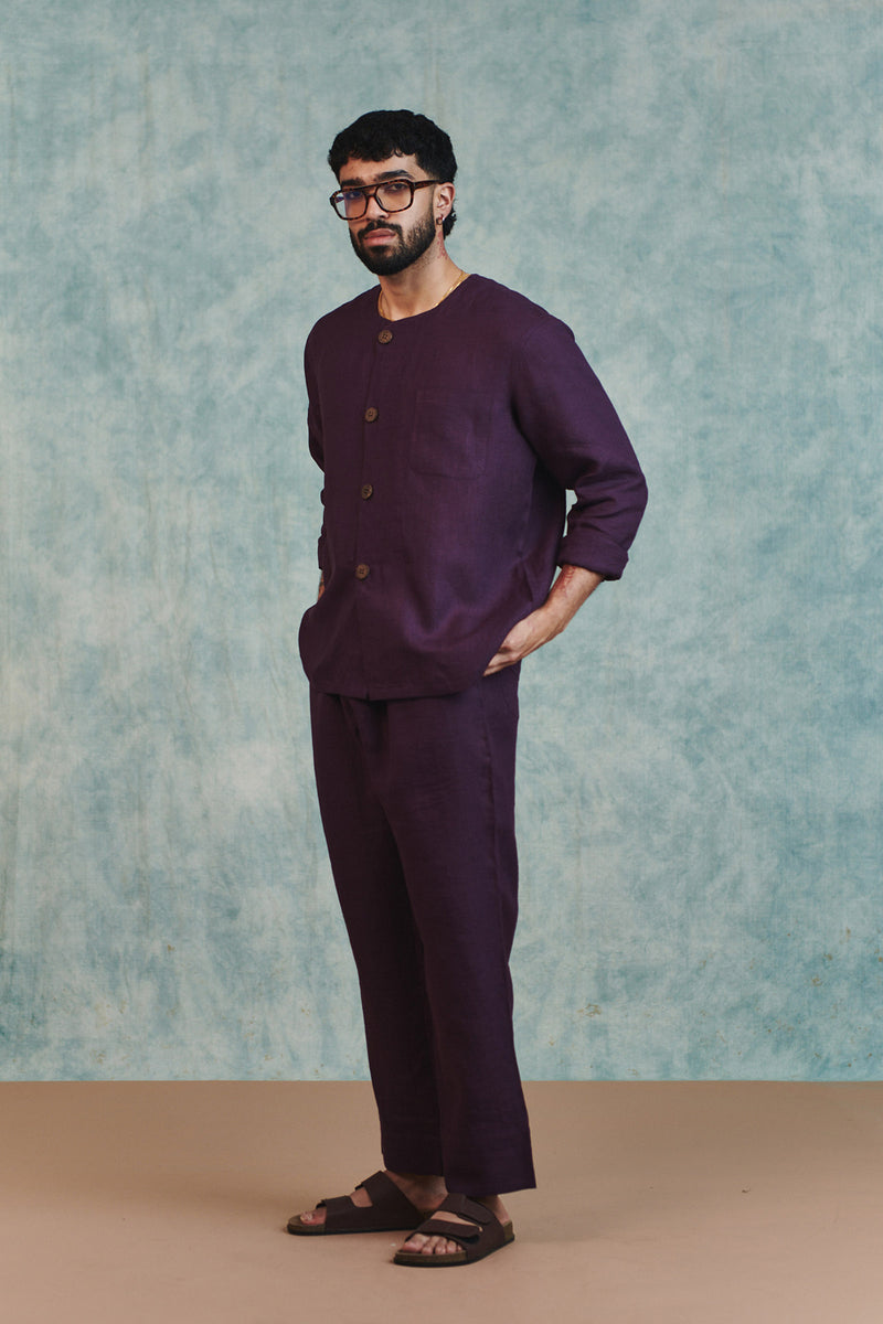 Plum Linen Men's Lounge Pants linen pant/trouser by Saphed Men in plum for men Worldwide