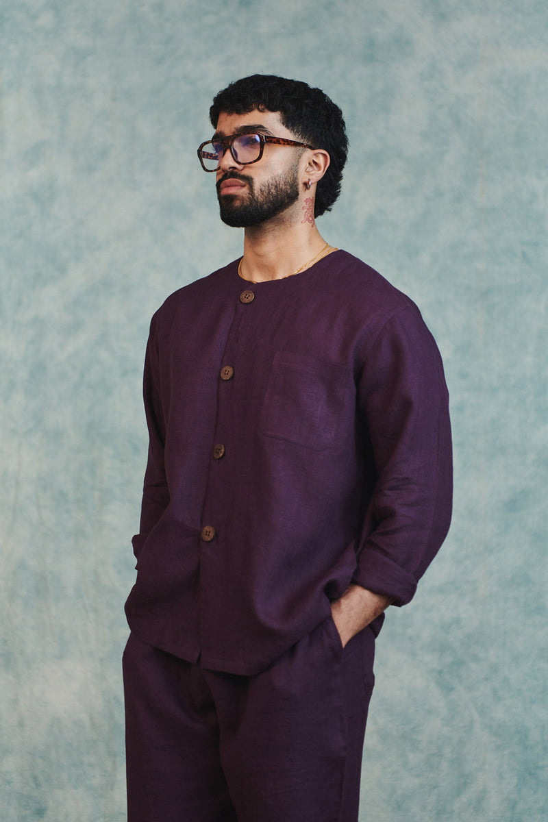 Plum Linen Men's Round Neck Shirt linen shirt by Saphed Men in plum for men Worldwide