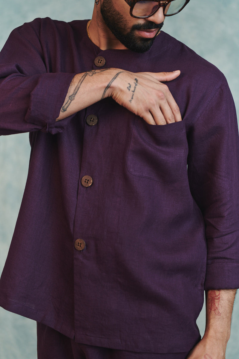 Plum Linen Men's Round Neck Shirt linen shirt by Saphed Men in plum for men Worldwide
