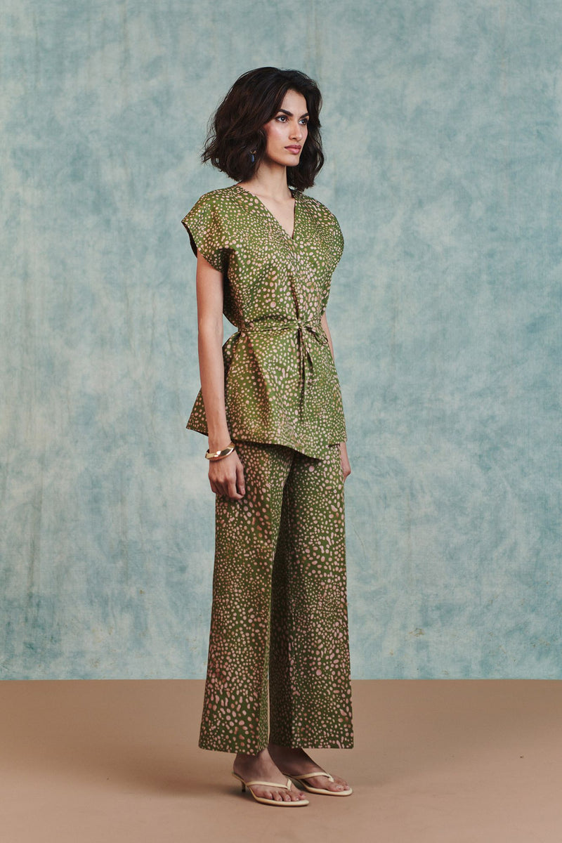 Blot Co Linen Sleeveless Wrap Blazer Set cotton linen co-ord set by Saphed in green for women Worldwide