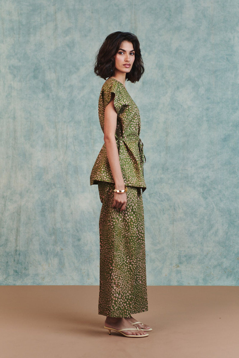 Blot Co Linen Sleeveless Wrap Blazer Set cotton linen co-ord set by Saphed in green for women Worldwide