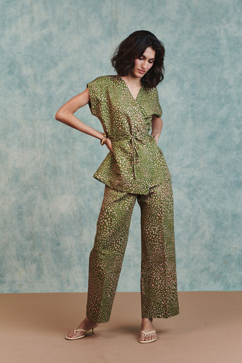 Blot Co Linen Sleeveless Wrap Blazer Set cotton linen co-ord set by Saphed in green for women Worldwide