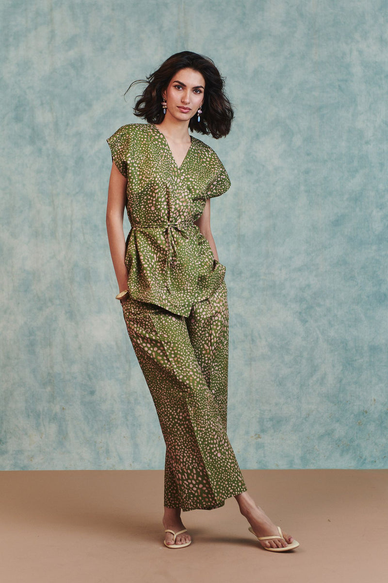 Blot Co Linen Sleeveless Wrap Blazer Set cotton linen co-ord set by Saphed in green for women Worldwide