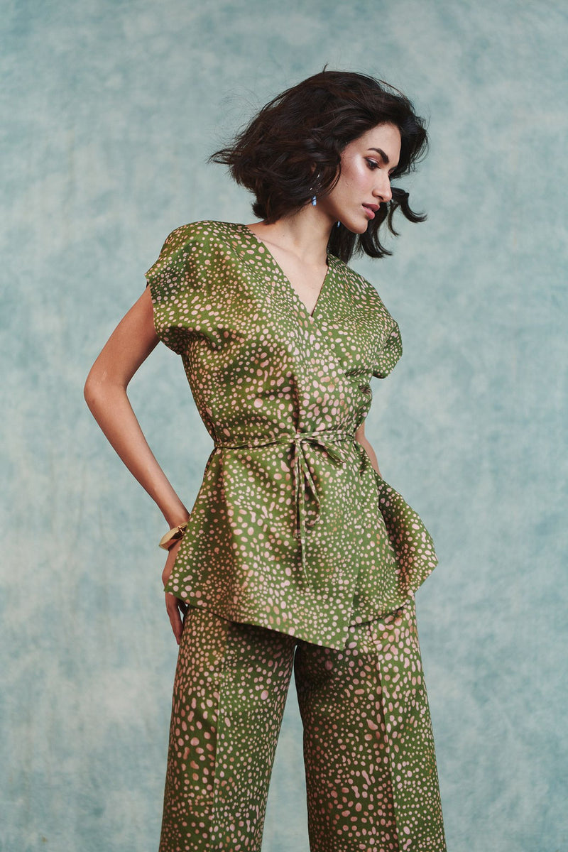 Blot Co Linen Sleeveless Wrap Blazer Set cotton linen co-ord set by Saphed in green for women Worldwide