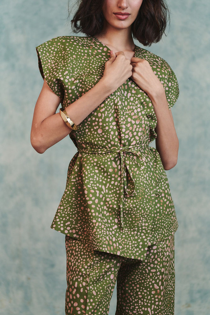 Blot Co Linen Sleeveless Wrap Blazer Set cotton linen co-ord set by Saphed in green for women Worldwide