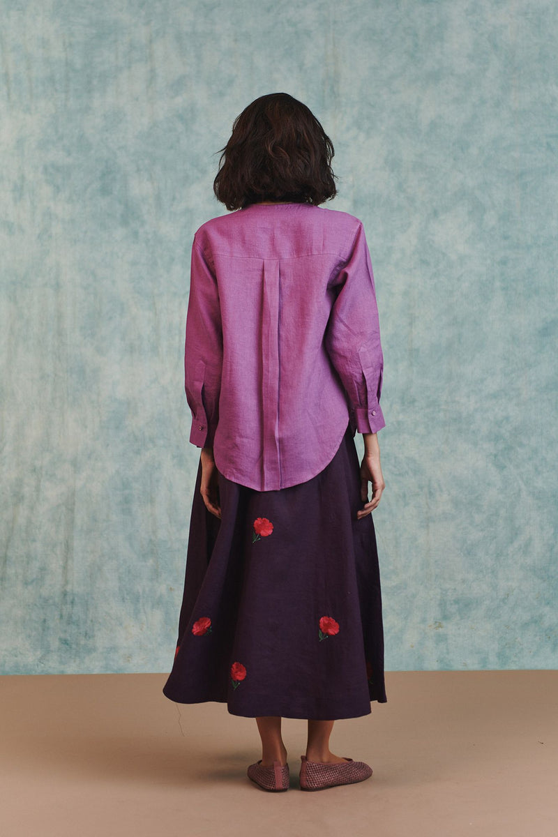 Berry Linen Embroidered Shirt and Plum Linen Flared Skirt Set 100% pure linen co-ord set by Saphed in lilac for women Worldwide