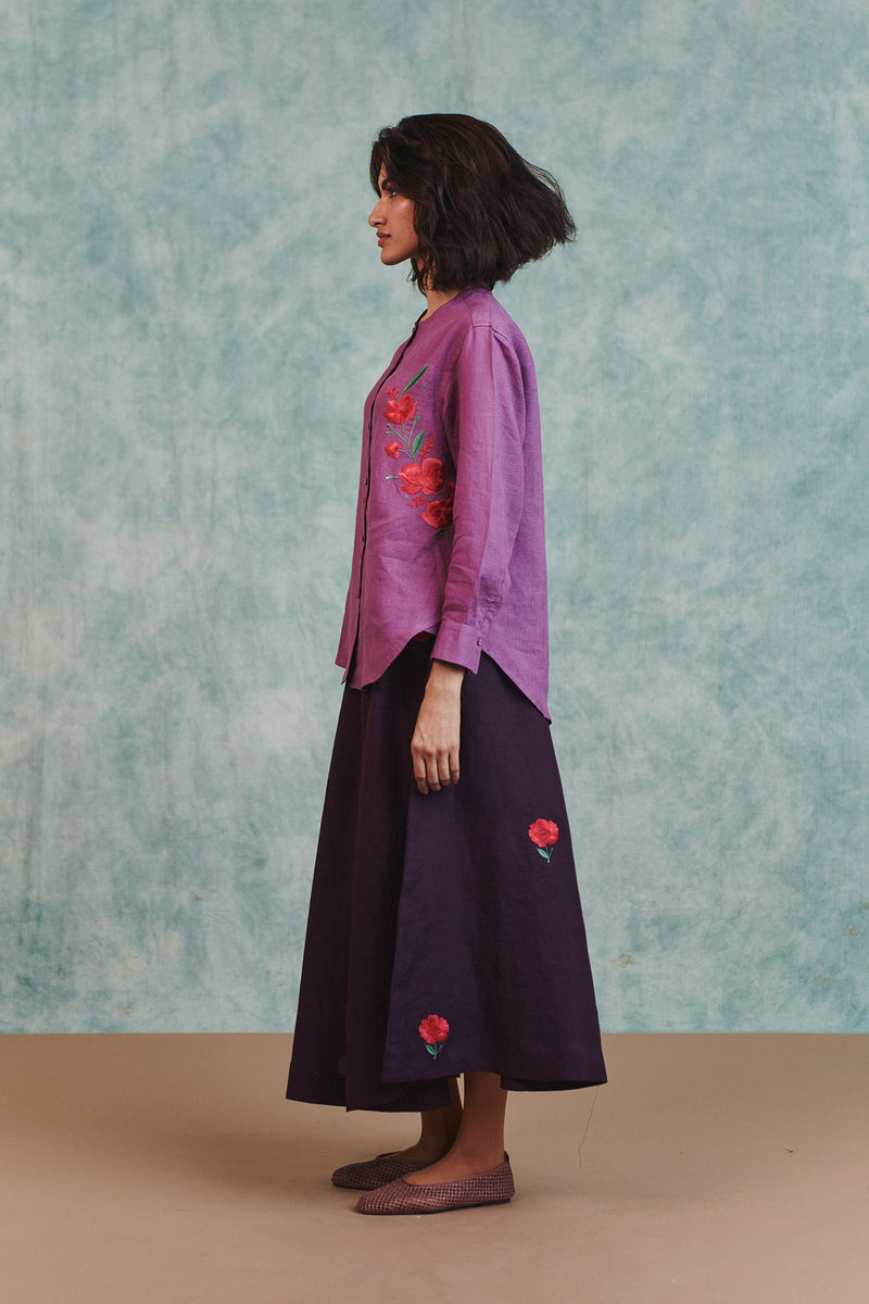 Berry Linen Embroidered Shirt and Plum Linen Flared Skirt Set 100% pure linen co-ord set by Saphed in lilac for women Worldwide