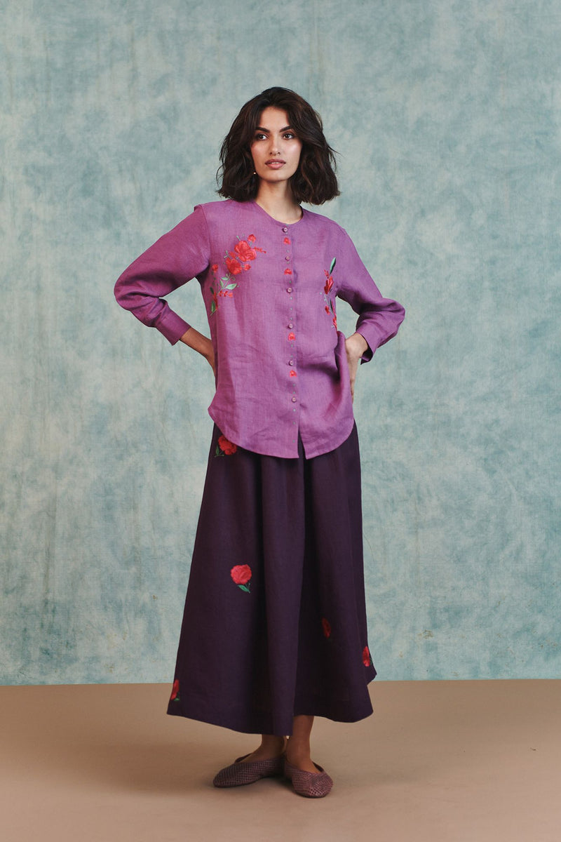 Berry Linen Embroidered Shirt and Plum Linen Flared Skirt Set 100% pure linen co-ord set by Saphed in lilac for women Worldwide