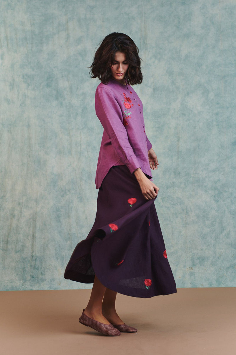 Berry Linen Embroidered Shirt and Plum Linen Flared Skirt Set 100% pure linen co-ord set by Saphed in lilac for women Worldwide