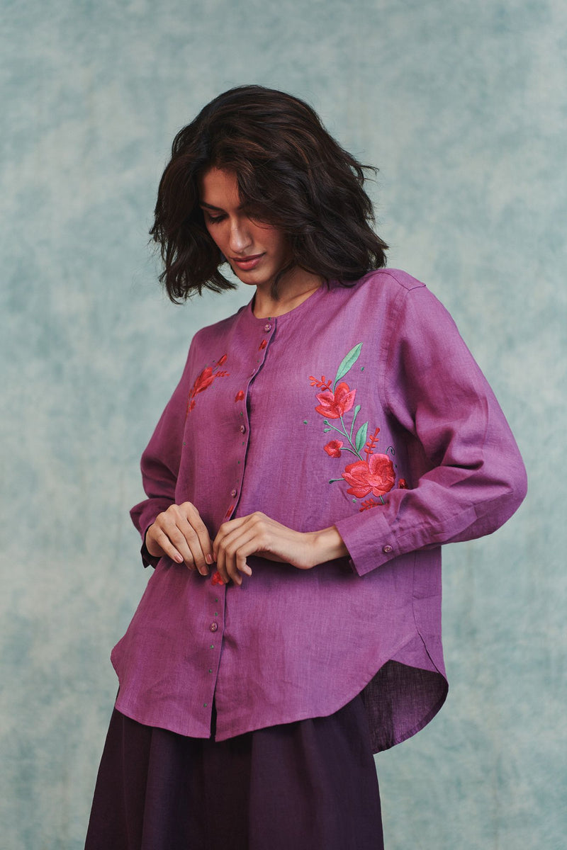 Berry Linen Embroidered Round Hem Shirt 100% pure linen top/shirt by Saphed in lilac for women Worldwide