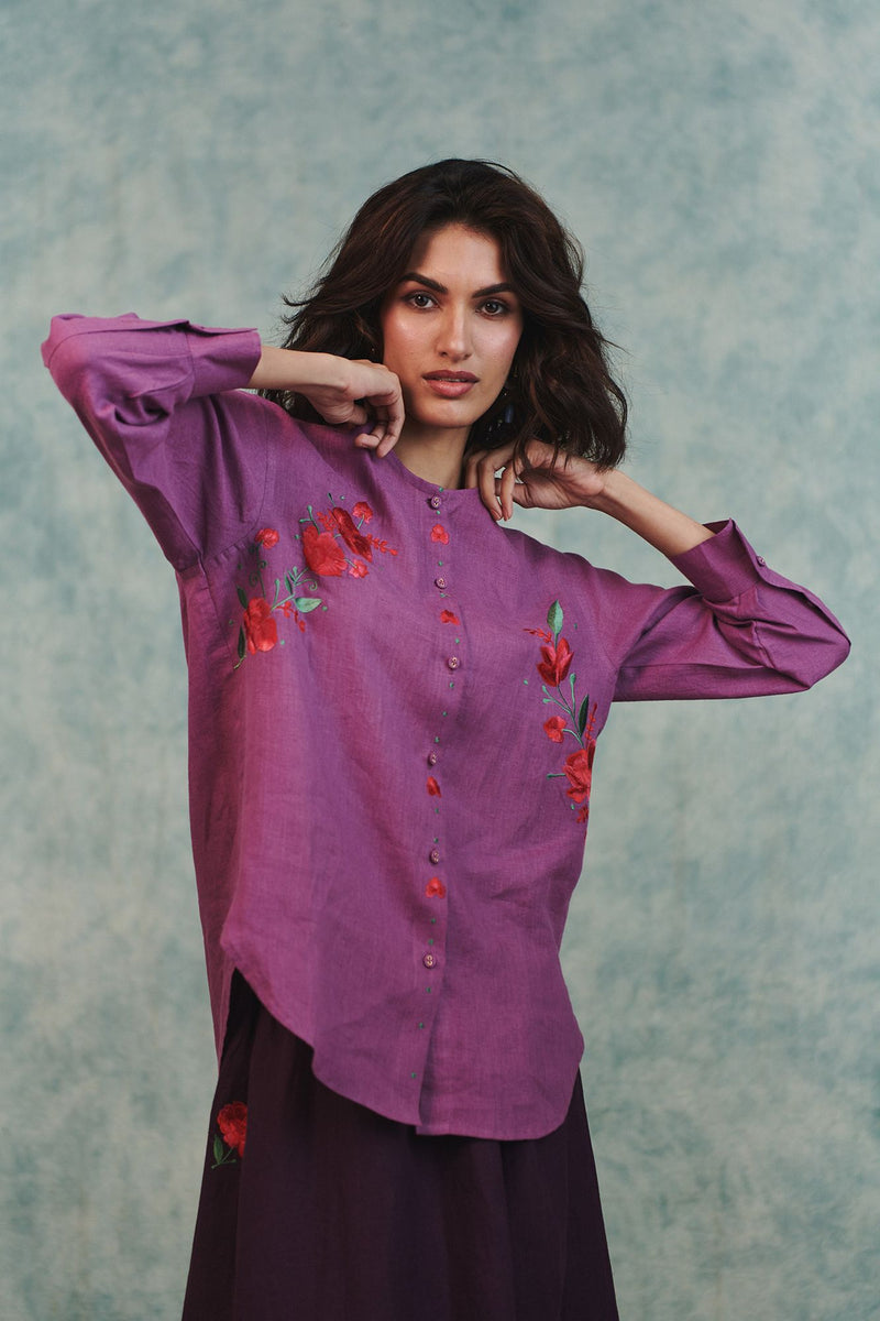 Berry Linen Embroidered Round Hem Shirt 100% pure linen top/shirt by Saphed in lilac for women Worldwide