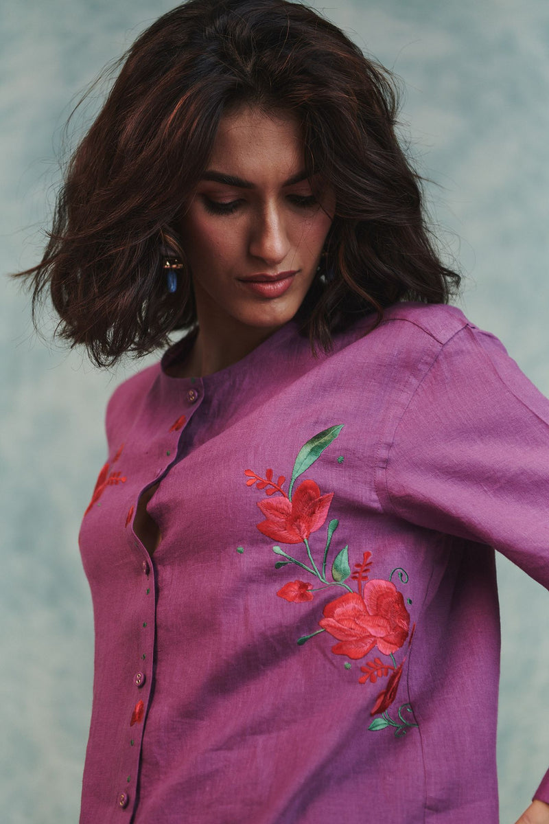 Berry Linen Embroidered Round Hem Shirt 100% pure linen top/shirt by Saphed in lilac for women Worldwide