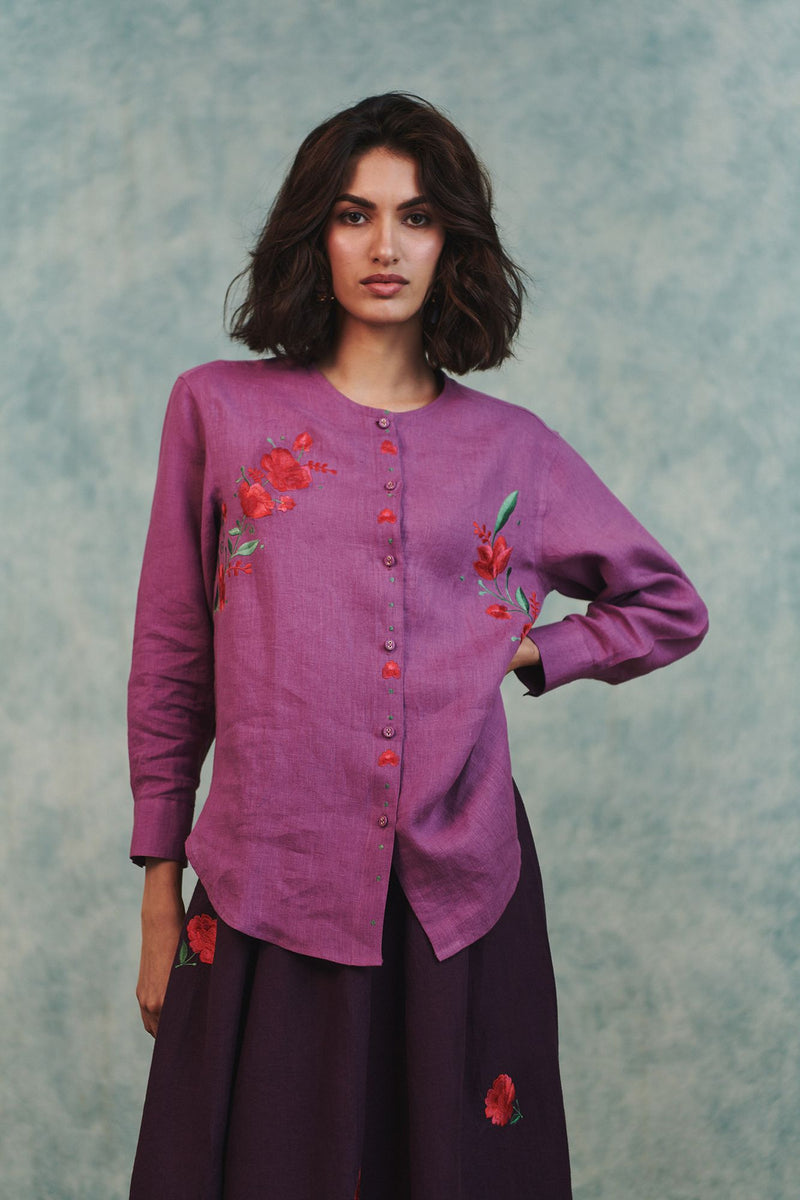 Berry Linen Embroidered Round Hem Shirt 100% pure linen top/shirt by Saphed in lilac for women Worldwide